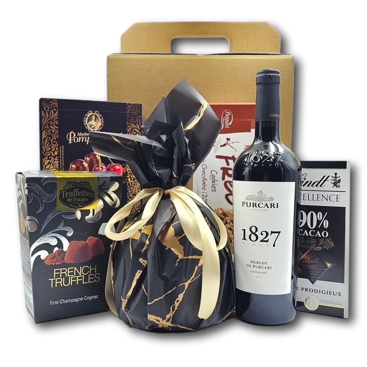 Pachet cadou asortat, CADOURI PREMIUM®, model Dark, cu vin rosu, trufe de ciocolata, praline de ciocolata, panettone, fursecuri si ciocolata neagra