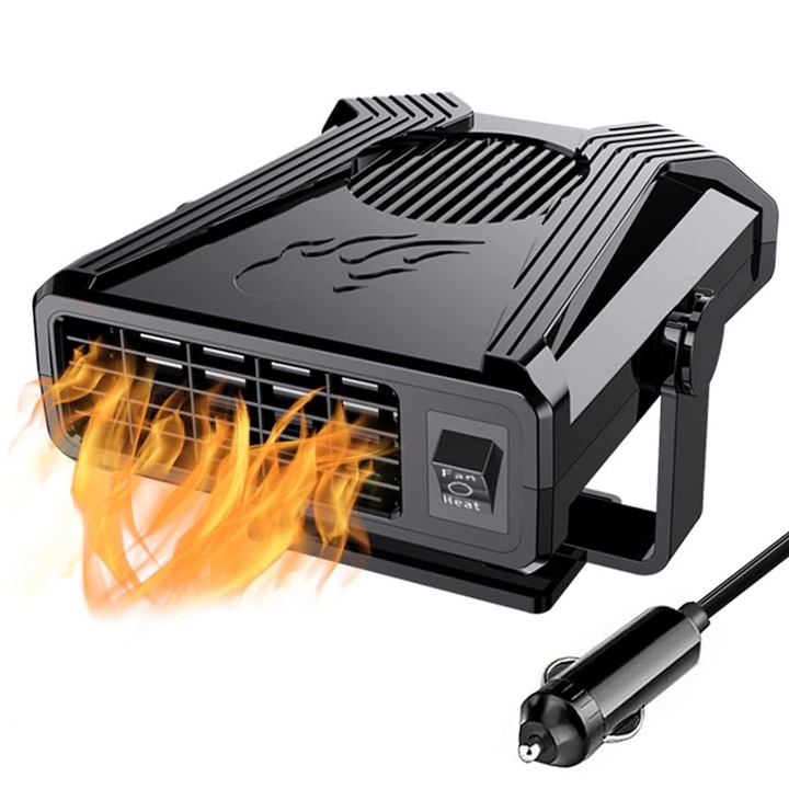 Преносим нагревател за кола, 300W, Преносим вентилатор за кола 12V, 2 в 1 Отопление и охлаждане, Черен, 13.5x11.5x8cm, за размразяване на предно стъкло и бързо загряване в автомобила