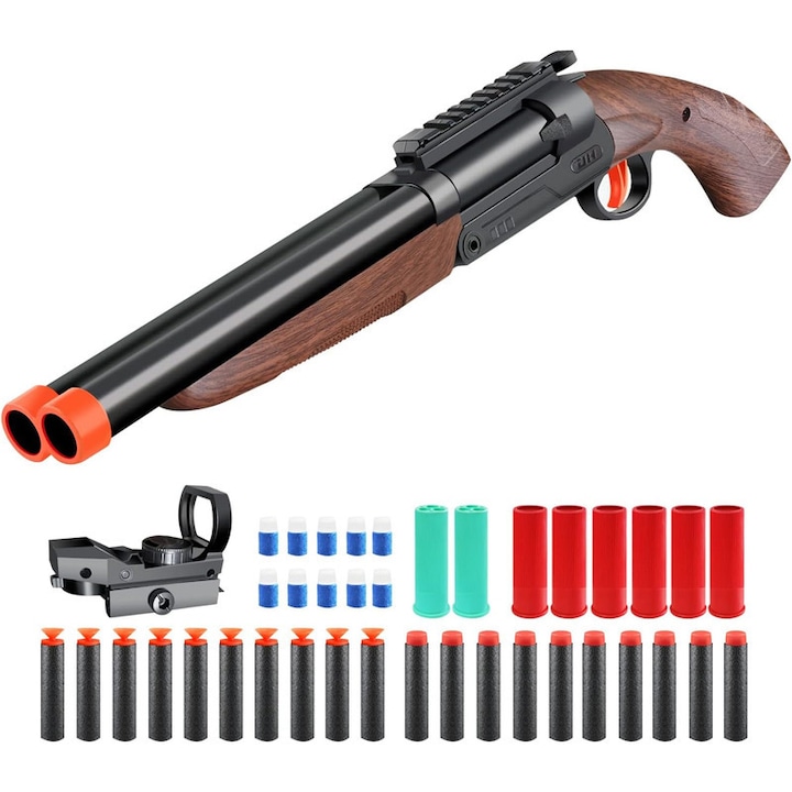 Пистолет играчка с две цеви, множество режими, реалистичен дизайн, 20 меки топчета, 53 см