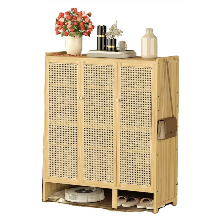 Cipőszekrény, 20 pár, 6 polc, szellőző ajtók, natúr fa, 90,5x35x107cm