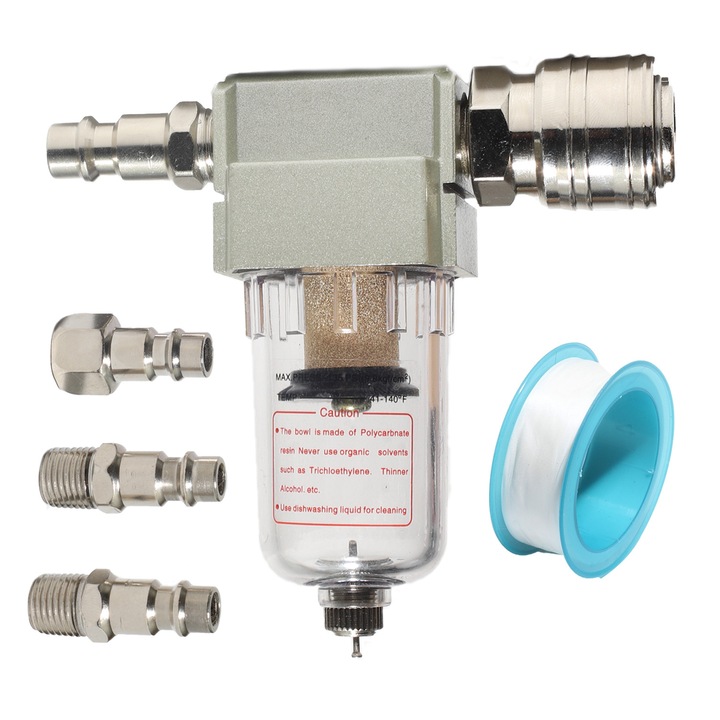 Filtru de aer, separator de apa si ulei, conexiune de 1/4 inch, intr-un set cu 4 conectori rapizi si banda de teflon