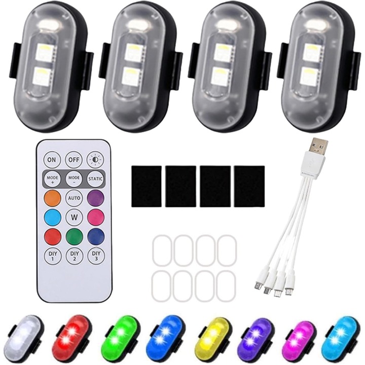 Set 4 Proiectoare LED Stroboscopice, 8 Culori RGB, Negru, Reîncărcabile