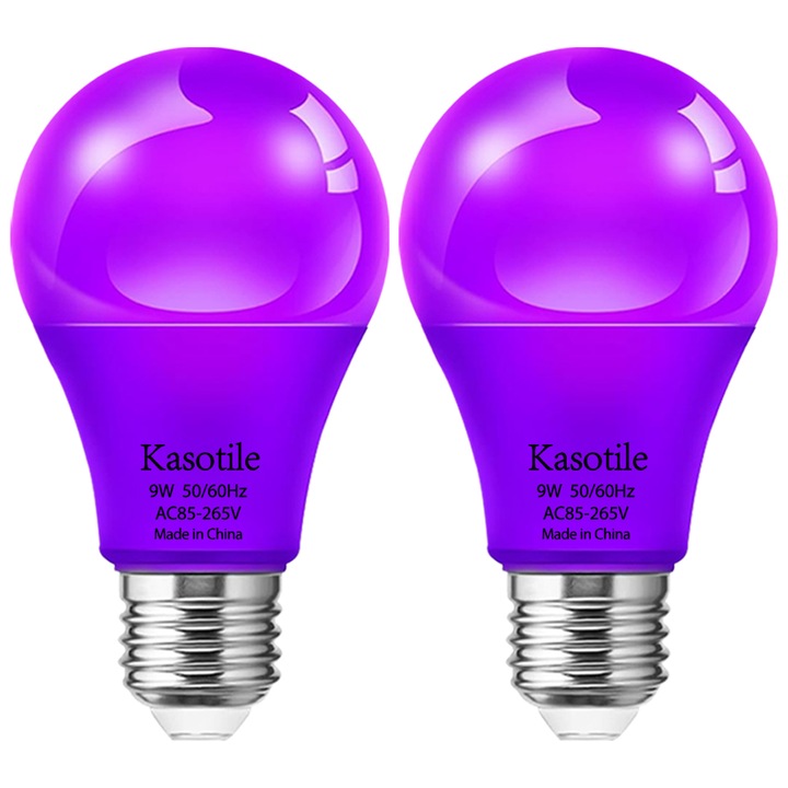 Kasotile 2-Pack A19 LED Purple Party Bulb, economisire de energie 9W, soclu standard E27, AC85-265V, 50/60Hz, fara reglare a intensitatii luminoase