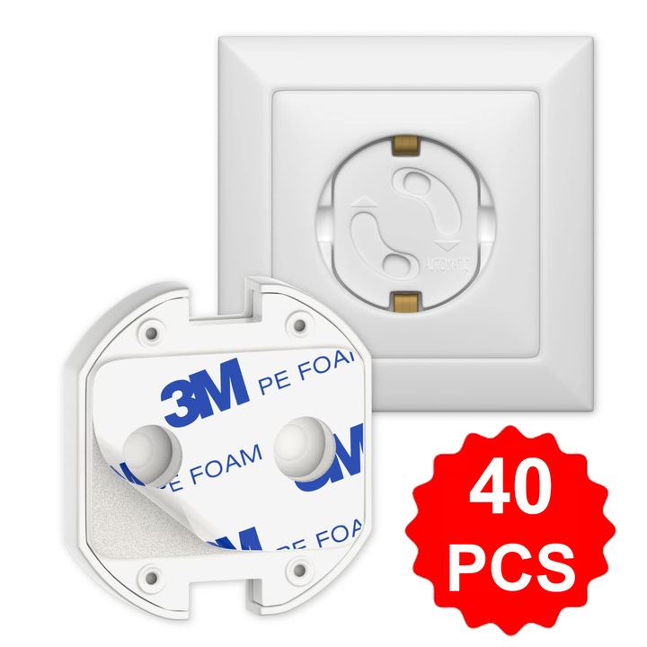 Set 40 bucati protectii priza pentru bebelusi si copii, cu adeziv 3M, alb, bebeLOGIC™