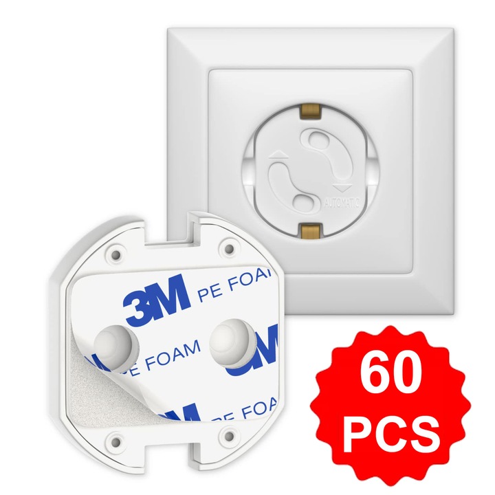 Set 60 bucati protectii priza pentru bebelusi si copii, cu adeziv 3M, alb, bebeLOGIC™