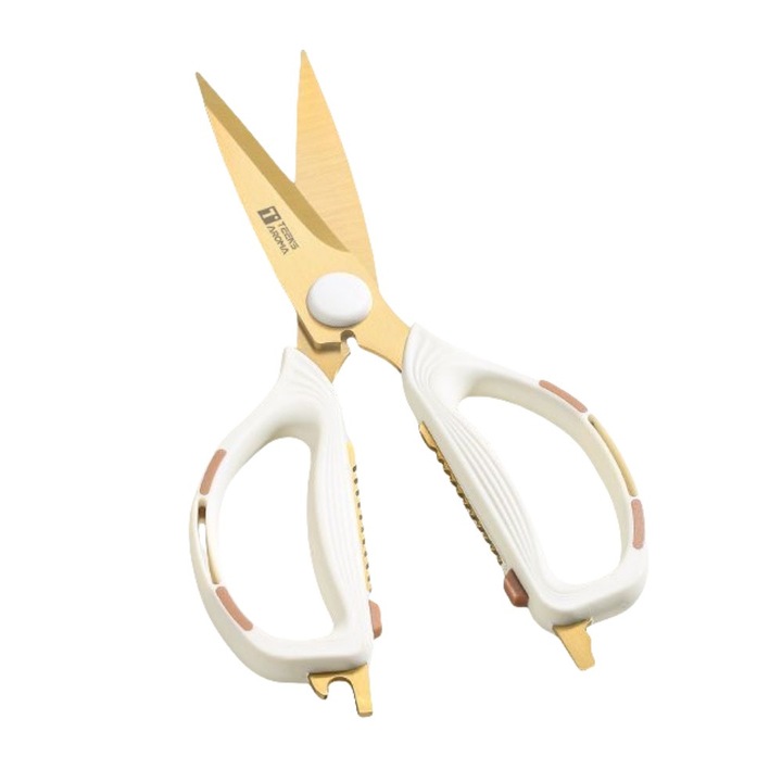 Foarfeca de bucatarie multifunctionala, inox, placat cu titan, auriu/alb