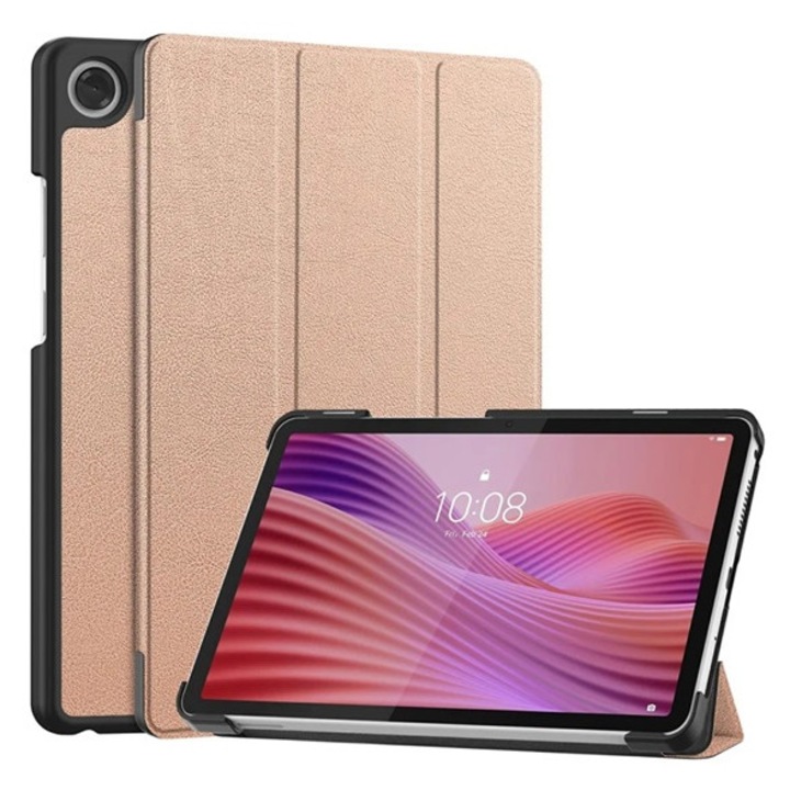 Gigapack tabletvédő álló, bőr hatású, aktív flip, oldalra nyíló, trifold, asztali tartó, rozéarany, kompatibilis: Lenovo Tab One, TB-305FU
