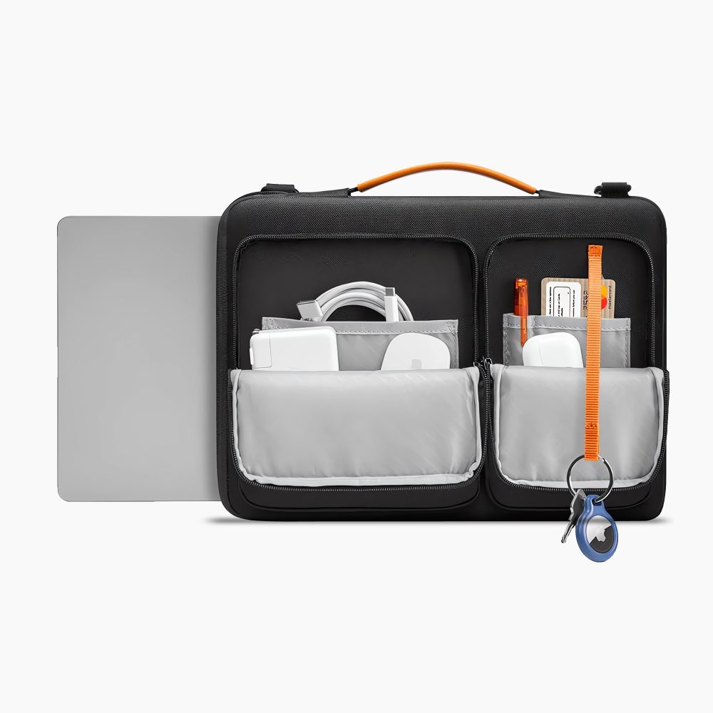 Geanta laptop Tech-Protect Defender, 15-16 inch, neagra/portocalie, 38.5x25.5x3cm, set cu curea