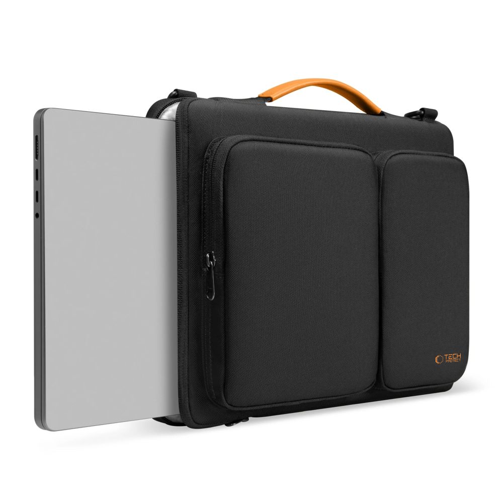 Geanta laptop Tech-Protect Defender, 15-16 inch, neagra/portocalie, 38.5x25.5x3cm, set cu curea