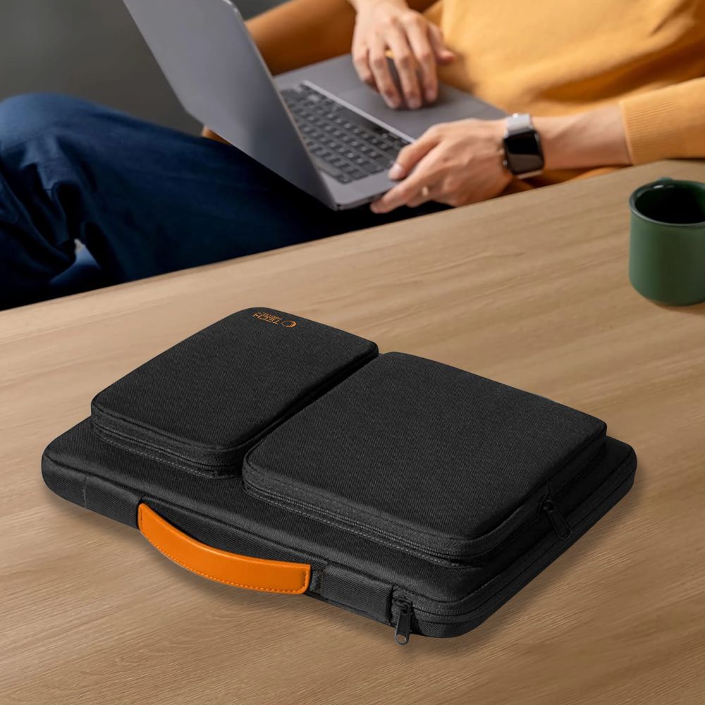 Geanta laptop Tech-Protect Defender, 15-16 inch, neagra/portocalie, 38.5x25.5x3cm, set cu curea