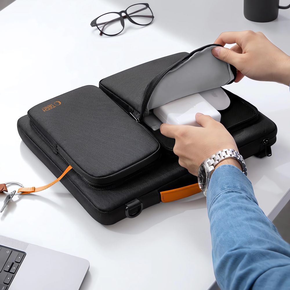 Geanta laptop Tech-Protect Defender, 15-16 inch, neagra/portocalie, 38.5x25.5x3cm, set cu curea