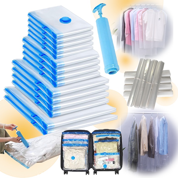 Set 8 Pungi de Depozitare în Vid cu Pompa Manuală