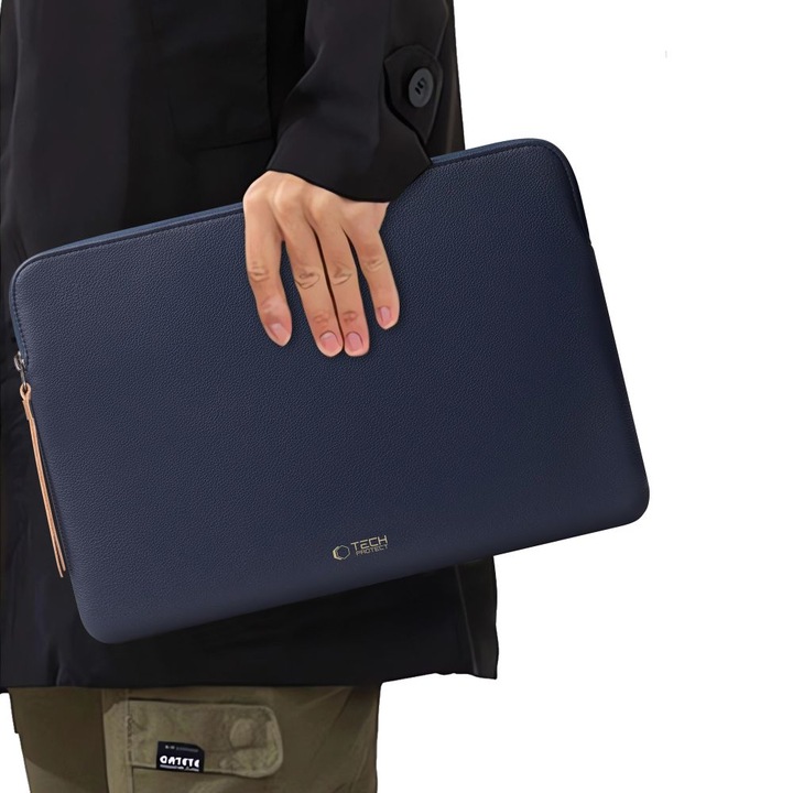 Husă laptop TECH-PROTECT Fleece, piele ecologică, protecție umiditate, 15-16 inci, Navy Blue, 390x283x20mm