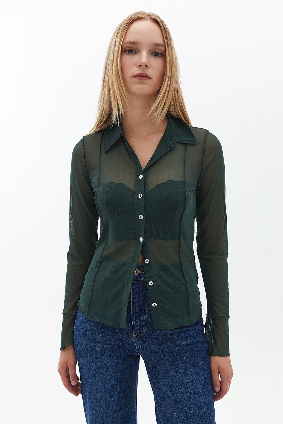 OXXO, Camasa slim fit transparenta, Verde padure, S