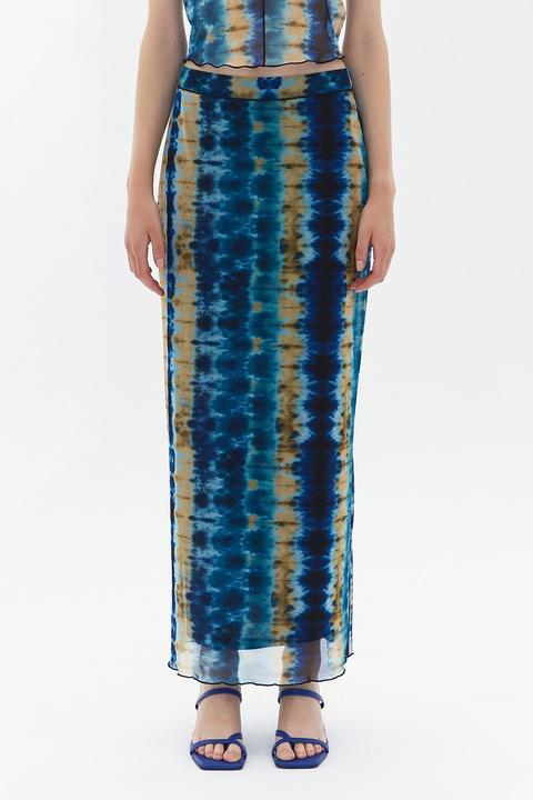 OXXO, Fusta maxi cu model si terminatii valurite, Albastru pastel/Albastru inchis/Bej deschis