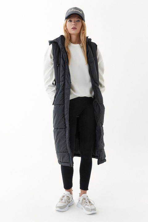 OXXO, Vesta lunga cu gluga si buzunare, Negru, XS