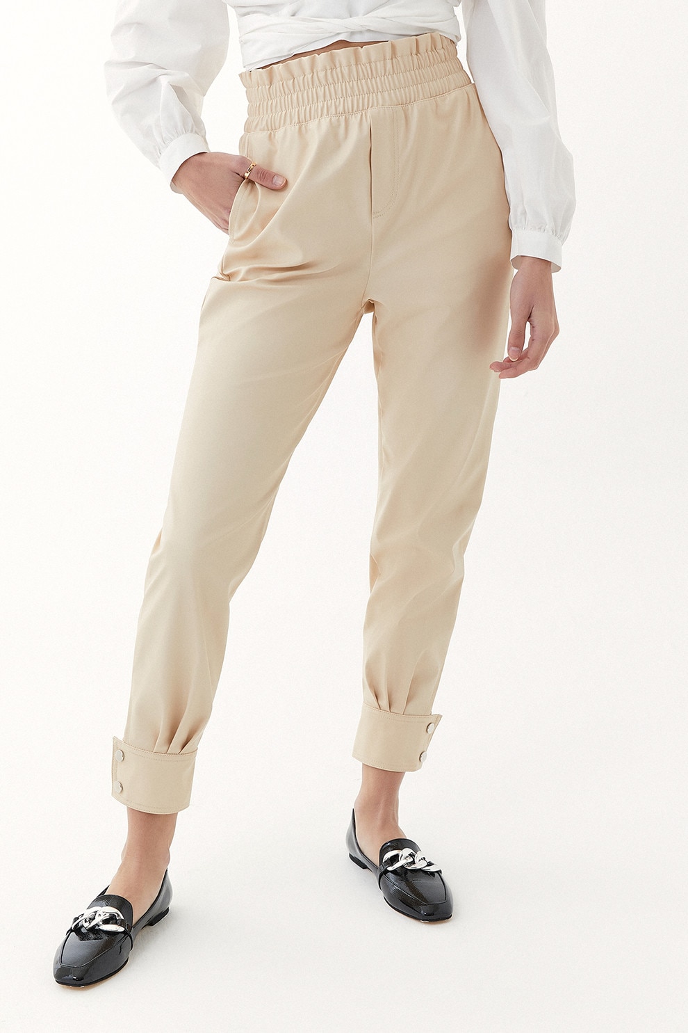 OXXO, Pantaloni crop cu talie inalta si buzunare, Bej, L