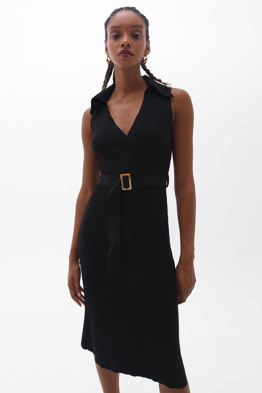 OXXO, Rochie midi cu decolteu in V, Negru, M