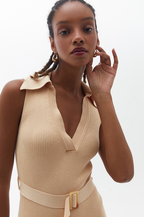 OXXO, Rochie midi cu decolteu in V, Maro camel