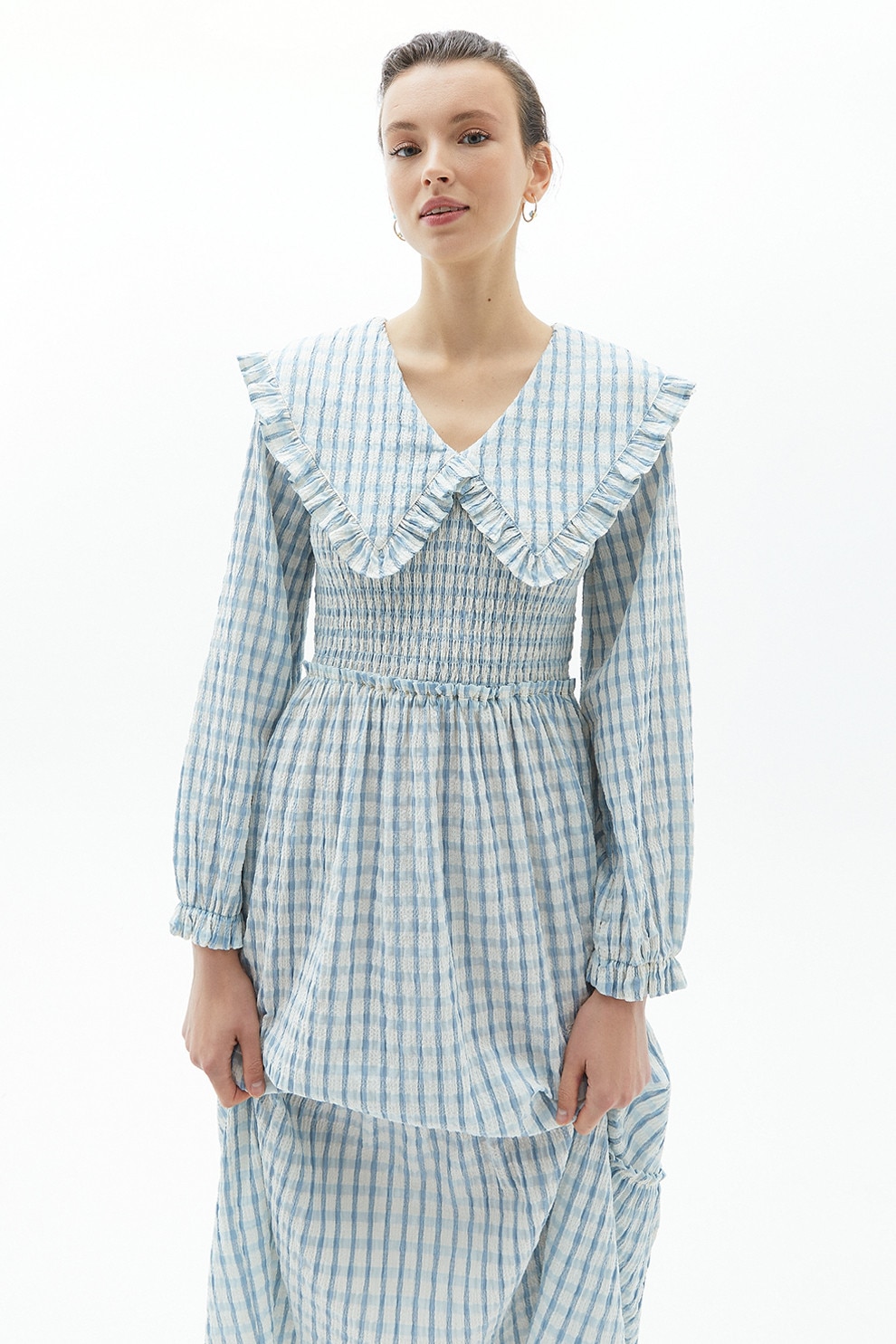 OXXO, Rochie lunga cu model in carouri Papykpoti, Alb, Albastru deschis, XS