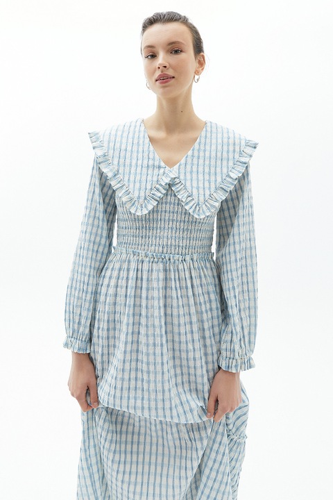 OXXO, Rochie lunga cu model in carouri Papykpoti, Alb/Albastru deschis, XS