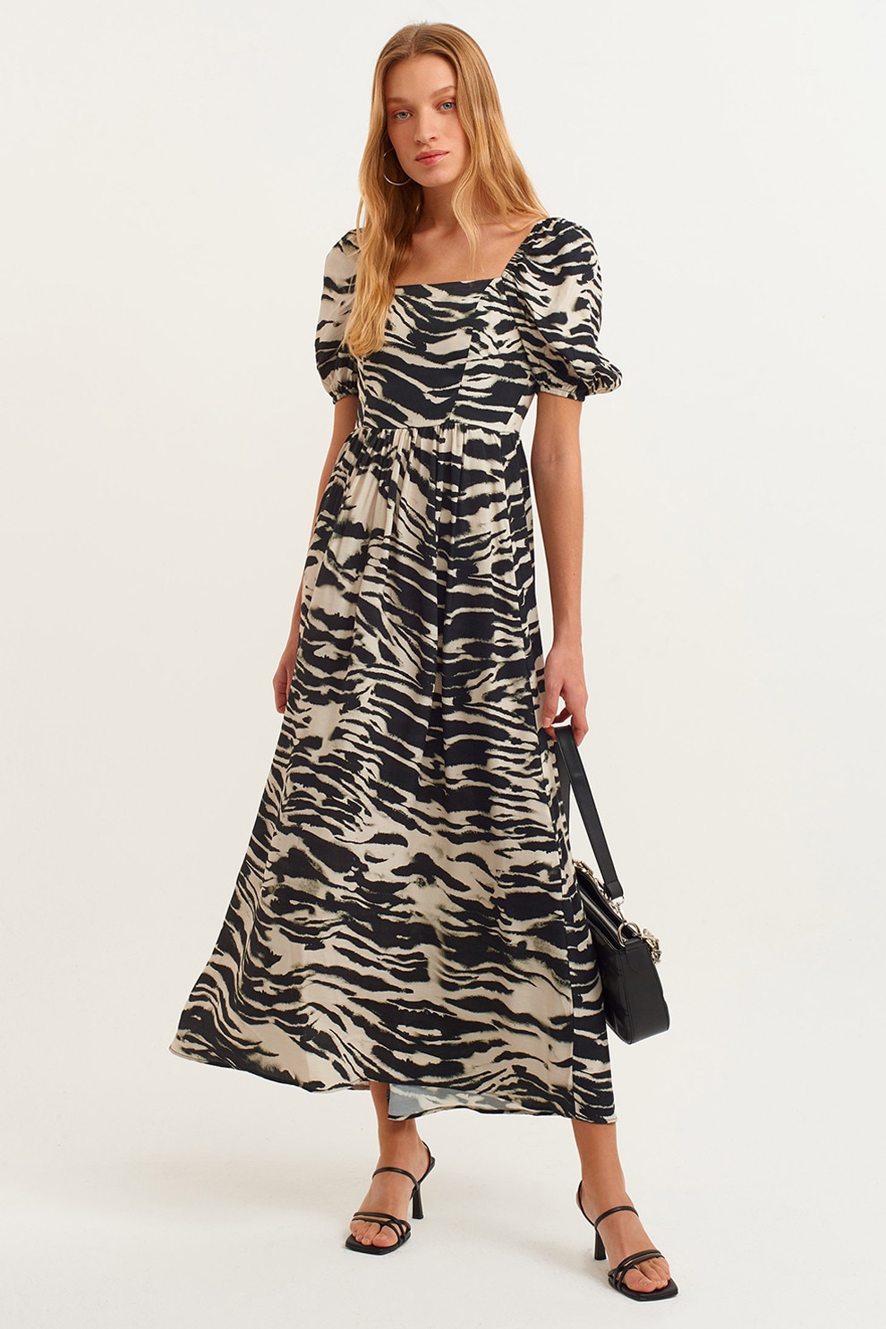 OXXO, Rochie cu maneci bufante si model, Negru, Bej deschis, XS