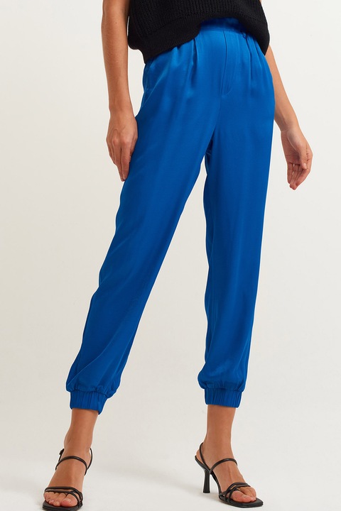OXXO, Pantaloni cu aspect satinat si talie inalta, Albastru royal
