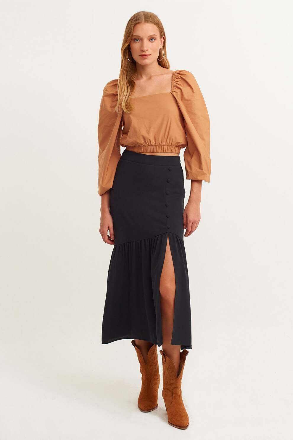 OXXO, Fusta midi din lyocell cu slit lateral, Negru, XS