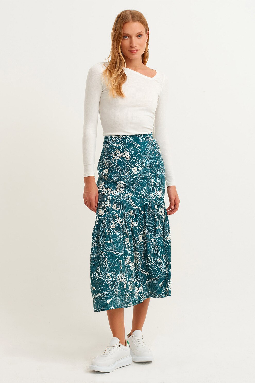 OXXO, Fusta midi cu model si slit lateral, Alb, Verde persan, XL