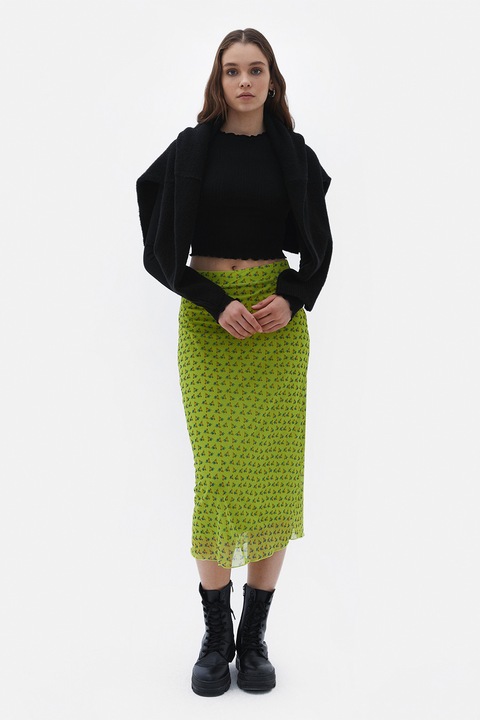 OXXO, Fusta midi cu strat exterior din plasa, Rosu/Verde masliniu