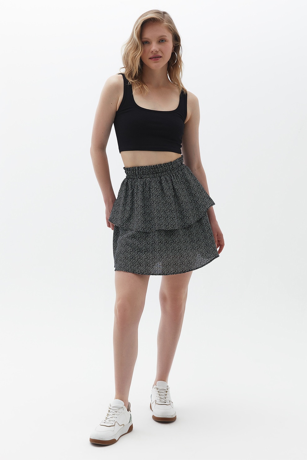 OXXO, Fusta mini cu model si croiala stratificata, Alb, Negru, XS