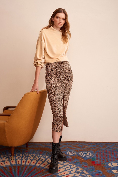 OXXO, Fusta midi cu slit frontal, Maro camel