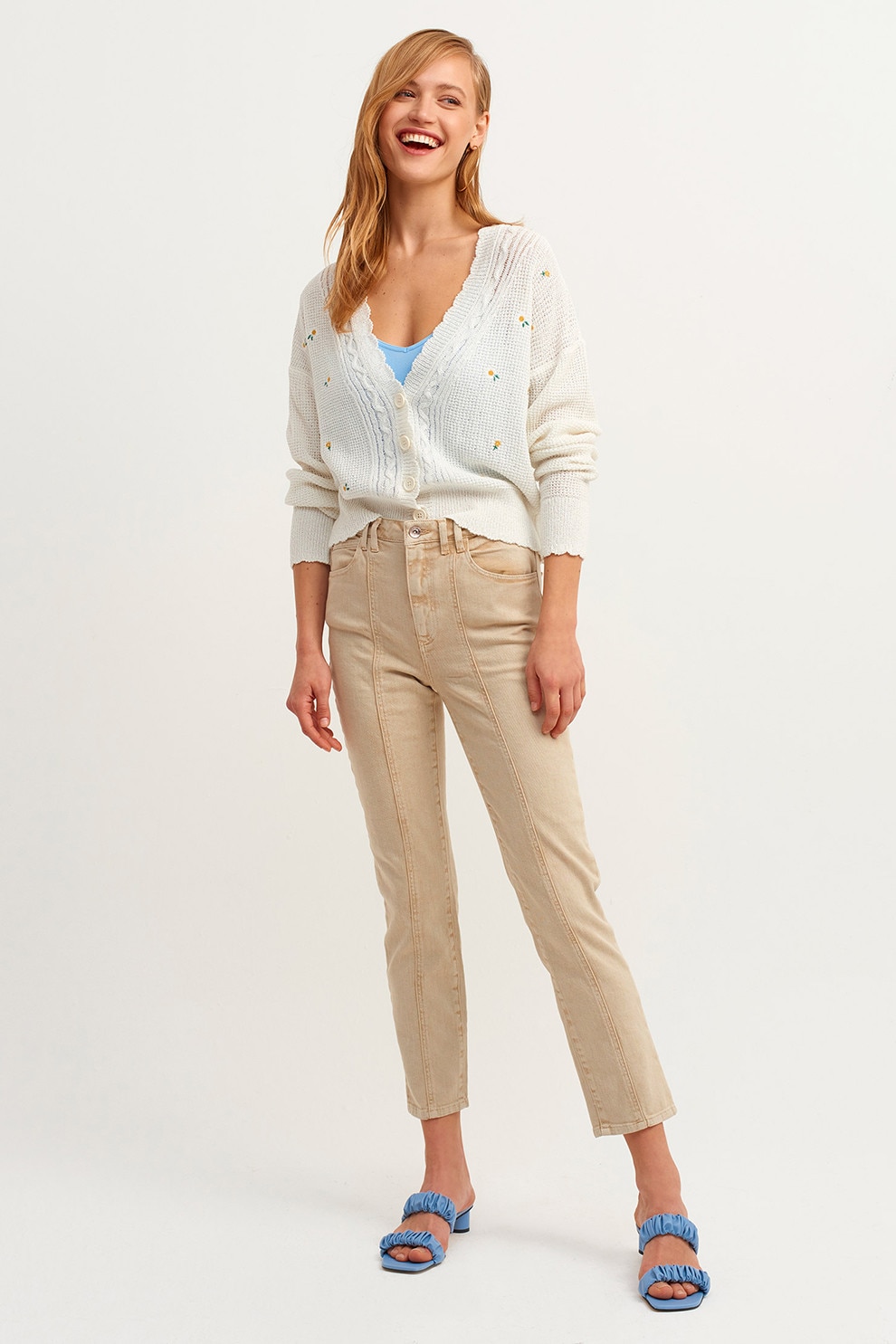 OXXO, Pantaloni crop cu model uni, Maro nisip, L