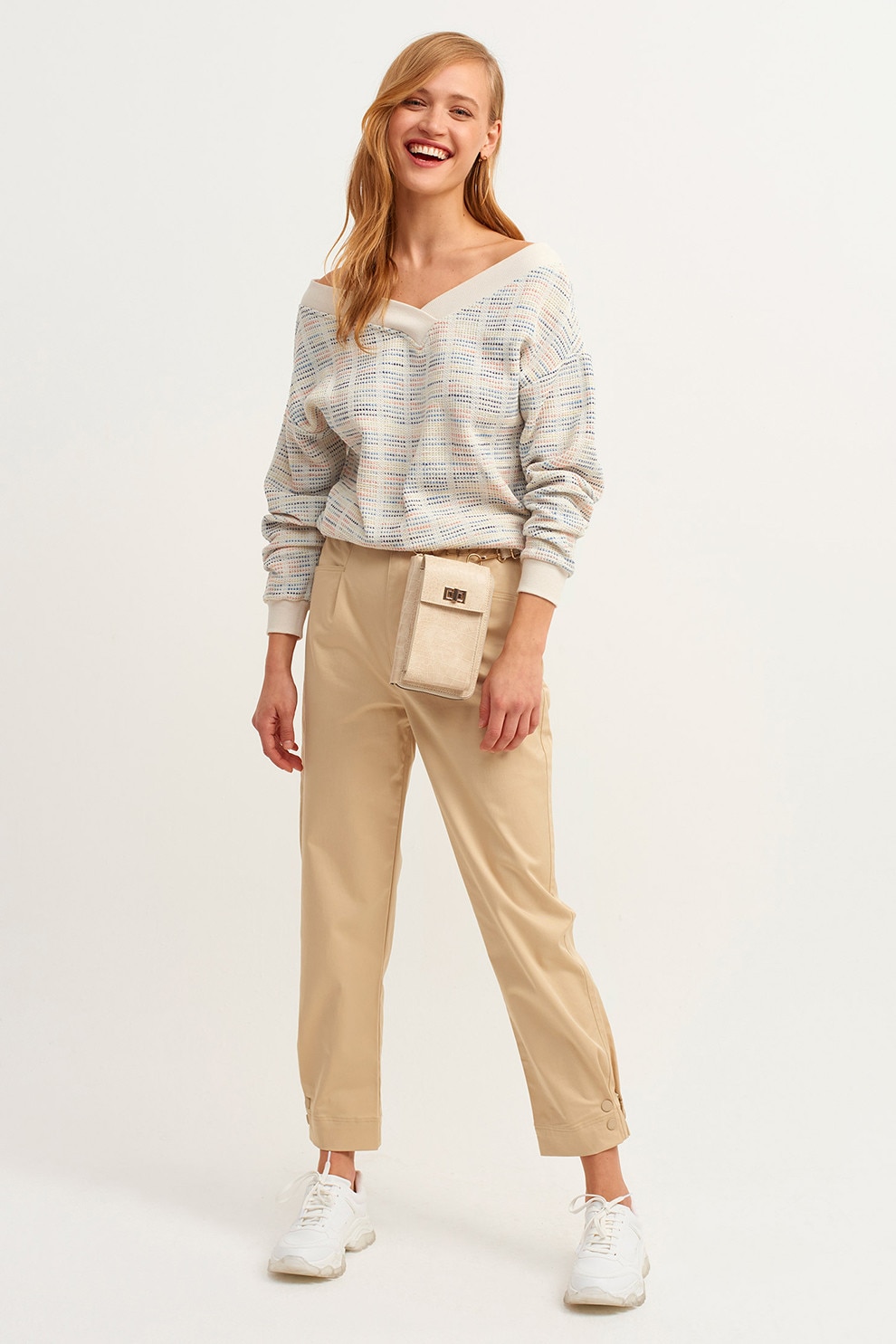 OXXO, Pantaloni crop cu model uni si talie inalta, Bej, XL