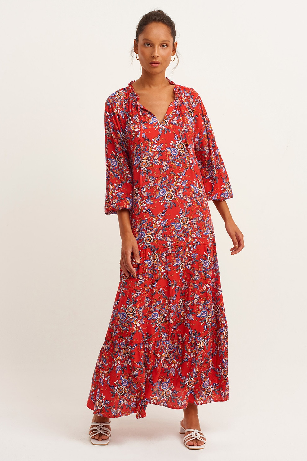 OXXO, Rochie maxi cu imprimeu floral, Portocaliu, Rosu vermillion, Albastru, XS