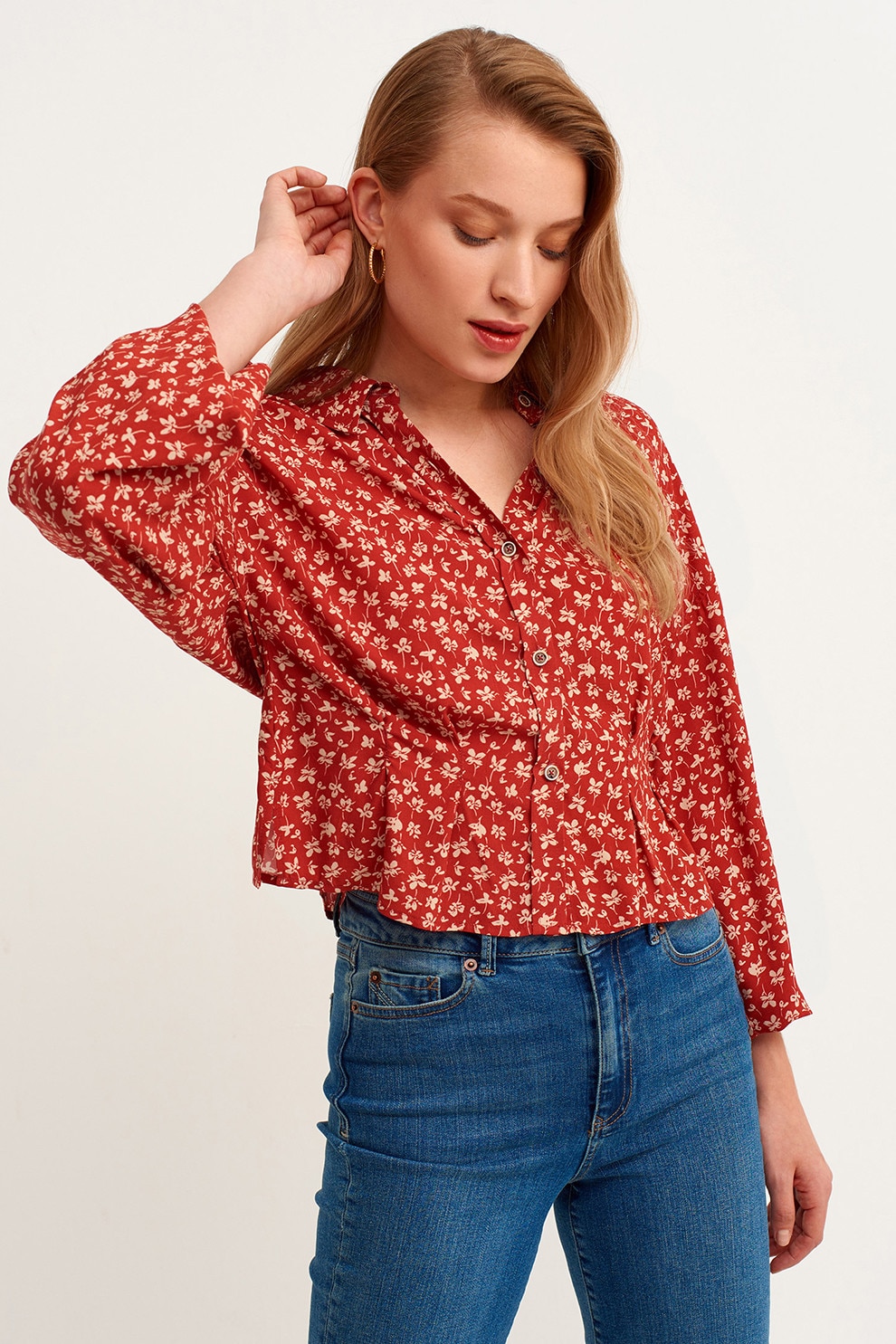 OXXO, Camasa crop cu maneci lungi, Caramiziu, Crem, M