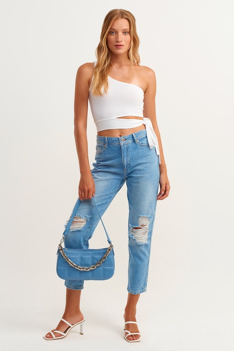 OXXO, Blugi crop cu aspect deteriorat Frankie, Albastru pastel