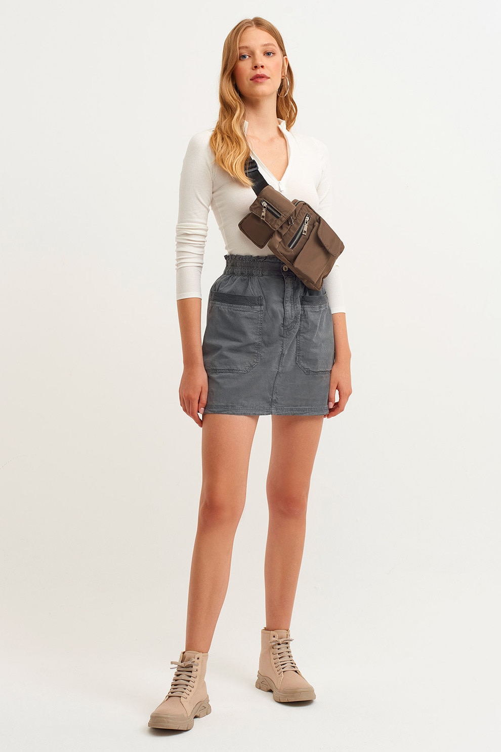 OXXO, Fusta mini din amestec de lyocell de denim cu buzunare, Gri, L