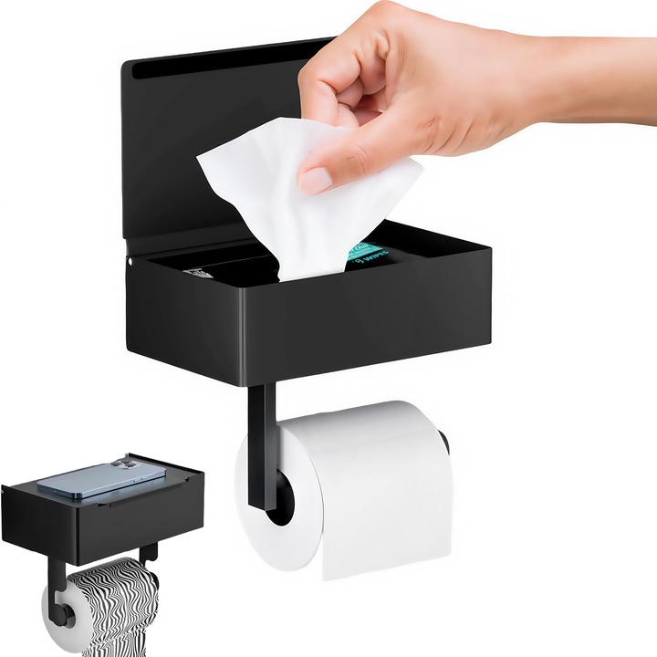 Поставка за тоалетна хартия, RorAem, с кутия за мокри кърпички, неръждаема стомана, черен