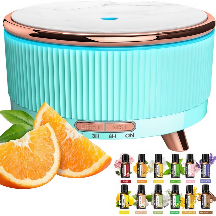 Difuzor de Aroma cu 12Uleiuri Esentiale, RorAem, Umidificator Difuzor de Arome cu 500ml, 7 culori efecte luminoase LED, Design Elegant cu Textura de Marmura, Moduri de Ceata intermitenta, Verde