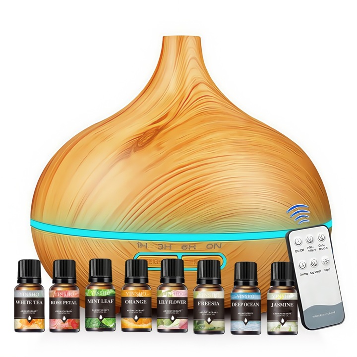 Aroma diffúzor 8 illóolajjal, RorAem, 400 ml-es aroma diffúzor párásító, automatikus kikapcsolás, párásító környezeti fénnyel, 7 LED szín, 4 időzítő beállítás, babaszobába, otthonra, irodába, hálószobába, wellnessbe, jógába, fába