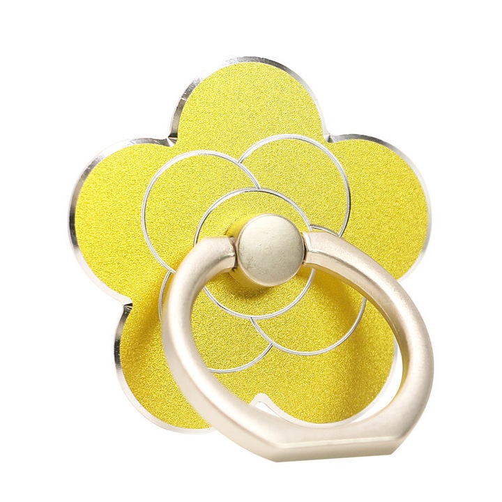 Suport inelar pentru telefon mobil, forma de floare metalica, rotatie 360 de grade, galben