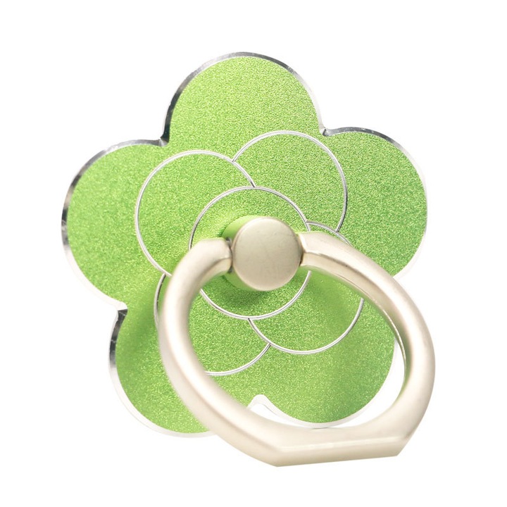 Gyűrűs telefontartó, fém virág alakú, 360 fokban forgatható, zöld