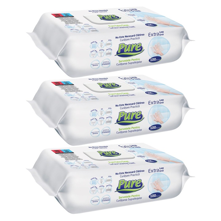 Set Servetele umede Pure pentru suprafete cu bicarbonat 3 pachete x 100 buc/pachet