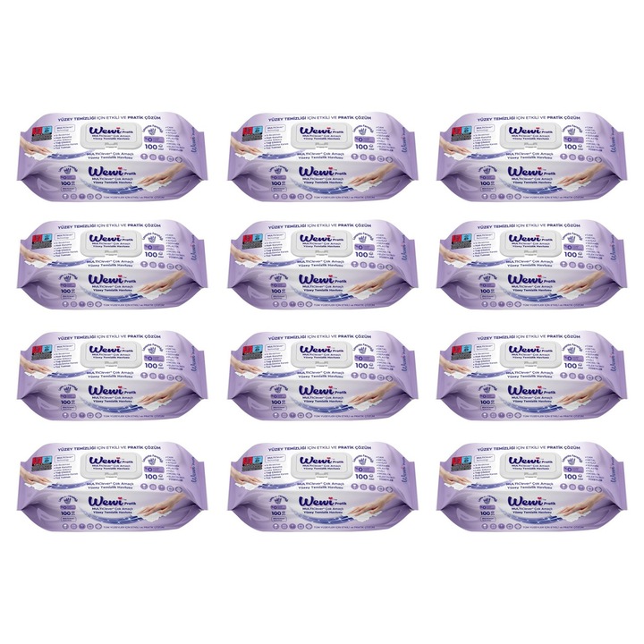Set 12 buc. x Servetele umede pentru suprafete multiple cu miros de lavanda, 100 bucati, Wewi