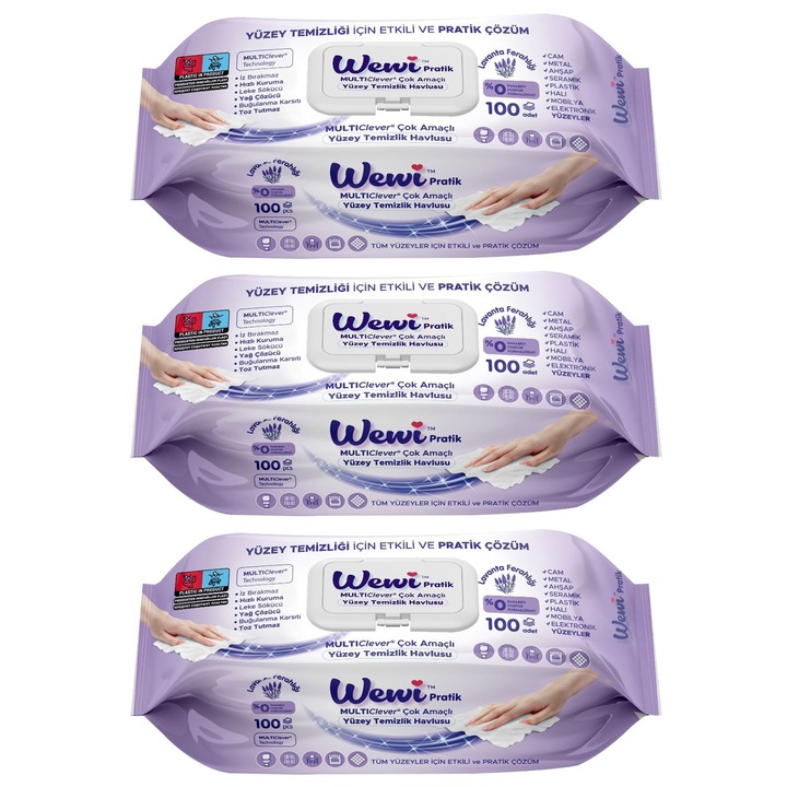 Set 3 buc. x Servetele umede pentru suprafete multiple cu miros de lavanda, 100 bucati, Wewi
