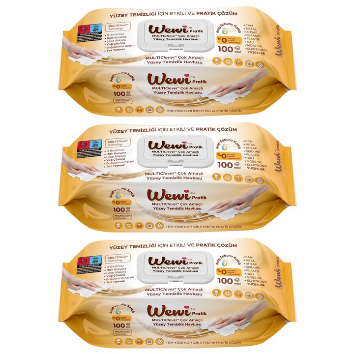 Set 3 buc. x Servetele umede pentru suprafete multiple cu miros de sapun alb, 100 bucati, Wewi
