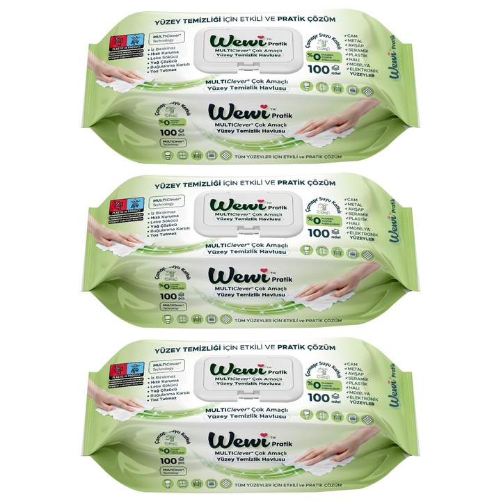 Set 3 buc. x Servetele umede pentru suprafete multiple cu inalbitor, 100 bucati, Wewi