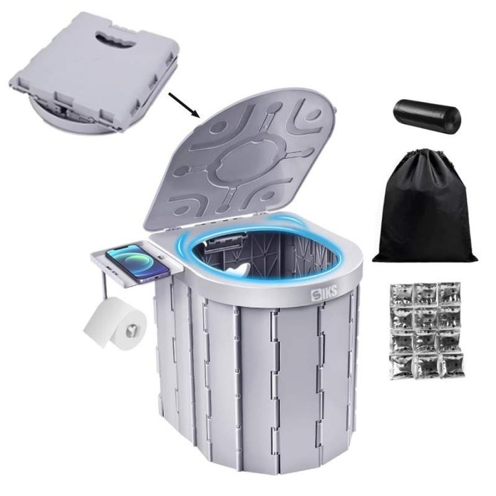 WC Mobil SIKS, Portabil Si Pliabil, Potrivit Pentru Camping, Rulote, Pescari, Cu Saci De Gunoi Inclusi, Plastic, Gri