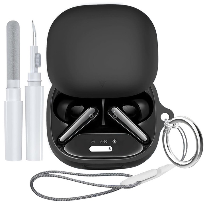 Carcasa din silicon pentru casti Anker Soundcore Liberty 4 Pro, rezistenta la zgarieturi, neagra, cu carabina si kit de curatare